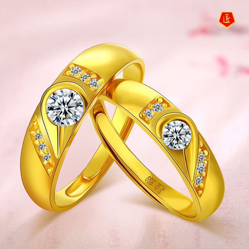 [Ready Stock]Heart-Shaped Inlaid Diamond Gold Couple Ring
