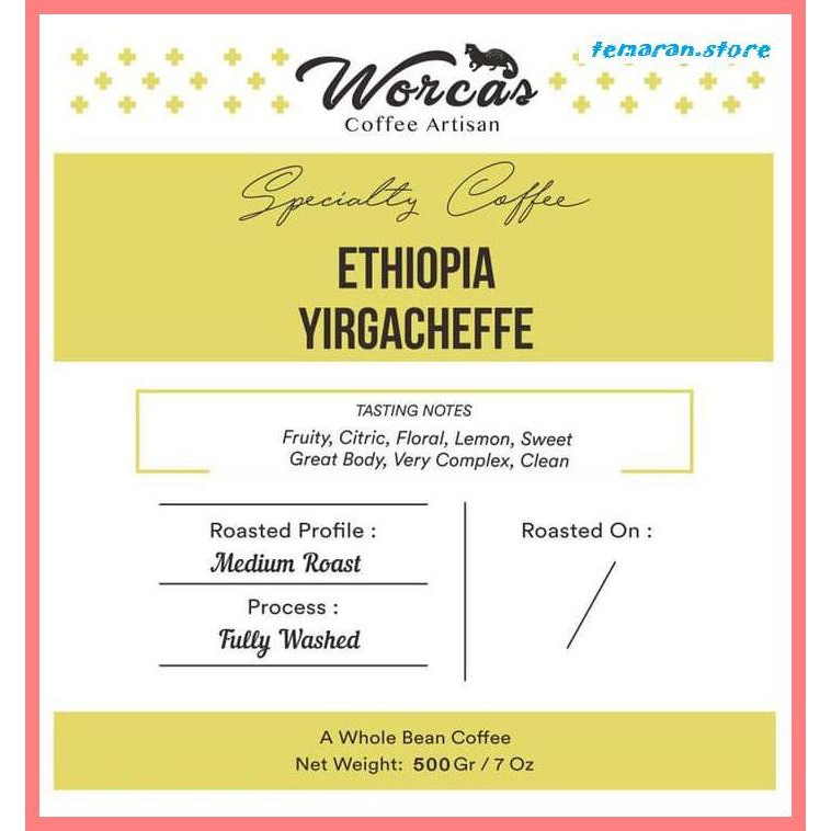 

Kopi- WORCAS Arabica Ethiopia Yirgacheffe 500 Gram - Medium Roasted Coffee - KOPI BIJI -Biji-Kopi.
