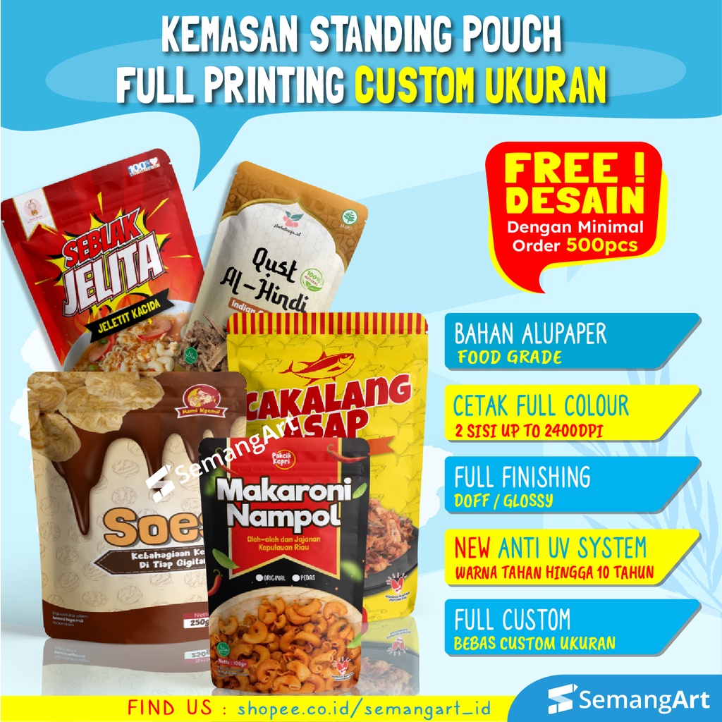 Cetak Standing Pouch Kemasan Klip Non Zipper Ziplock Full Printing Custom Ukuran