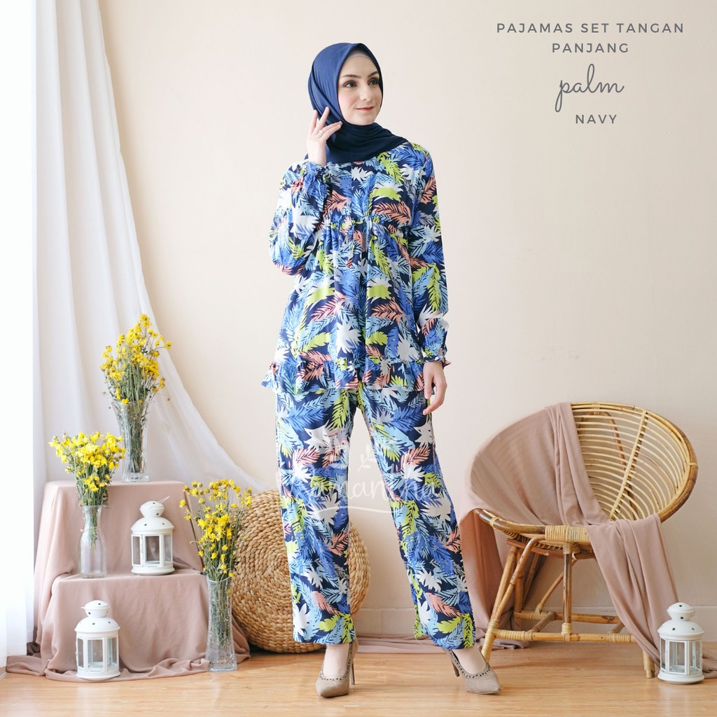 vSamantha - Pajamas Set / Piyama Set Muslim Rayon Rempel Busui Friendly - Tangan Panjang II-Palm Navy