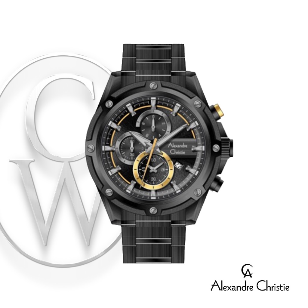 Jam Tangan Pria ALEXANDRE CHRISTIE AC 6605 MCBIPBAYL Rantai Hitam Lis Kuning Analog ORIGINAL MURAH G