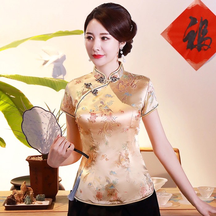 Fashion Wanita Atasan Imlek Cheongsam Motif Naga & Phoenix Import Gold