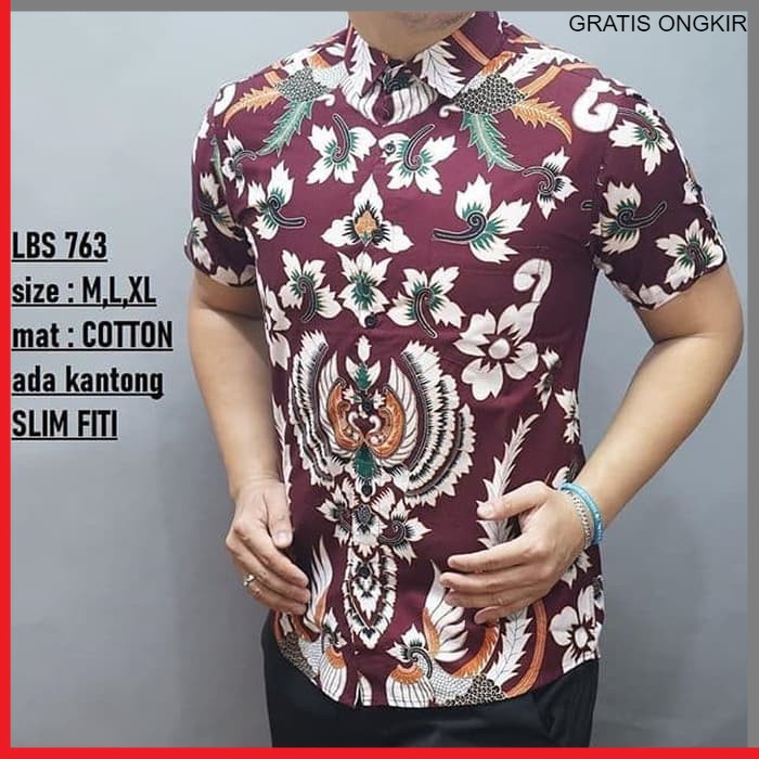 KEMEJA PRIA BATIK LENGAN PENDEK HEM BAHAN KATUN HALUS 40S LBS 763 BAJU MODERN MEWAH SLIMFIT SLIM FIT BY PENDEK JAKARTA PLATINUM