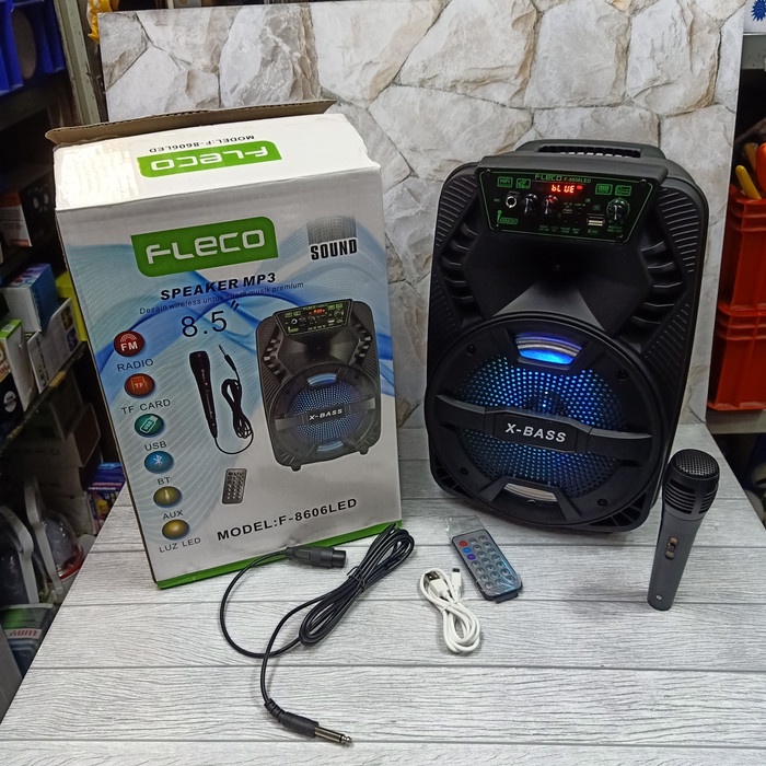 SPEAKER KARAOKE FLECO F-8606LED PLAY WITH BT USB TF CARD FM RADIO AUX SPEAKER BLUETOOTH 8,5 INCH SPEAKER FLECO 8,5 INCH