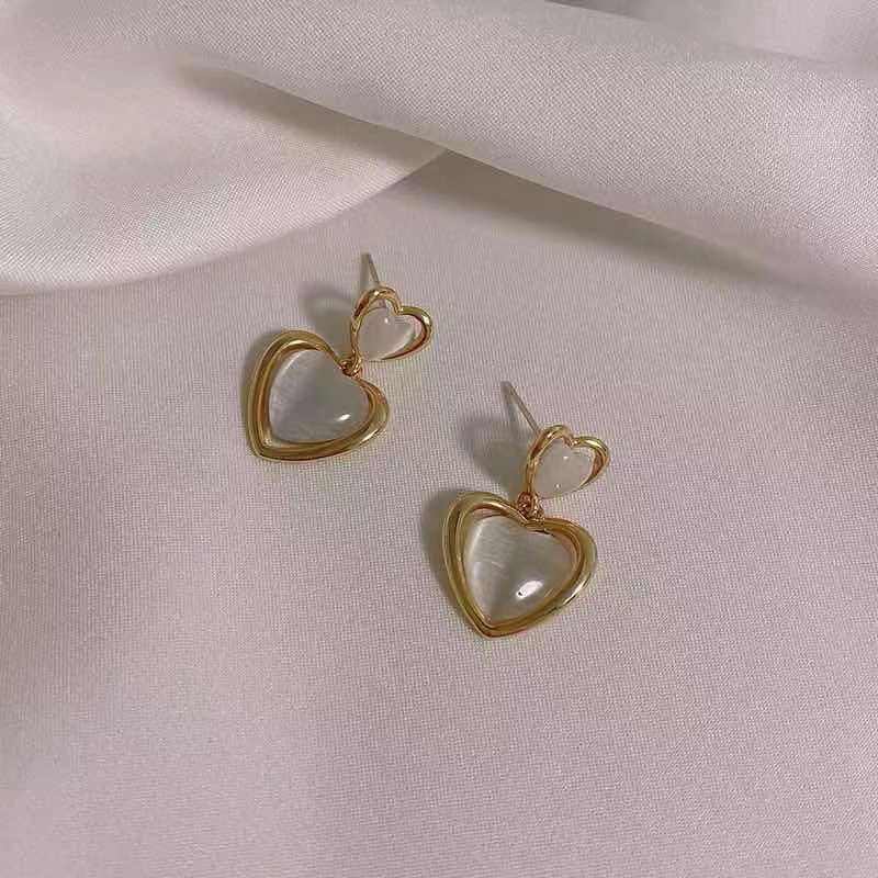 Korea Dongdaemun double lapisan mencintai hati anting-anting perempuan 2021 trendy serbaguna niche t