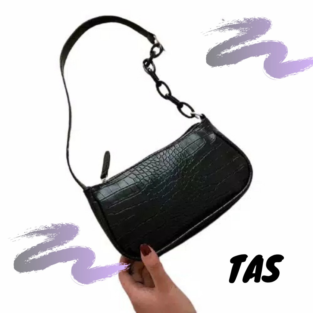 TAS BAHU KONDANGAN MEWAH KULIT WANITA REMAJA CROCO MINII HITAM PESTA ELEGAN GRATIS TAS KEKINIAN N0Y5