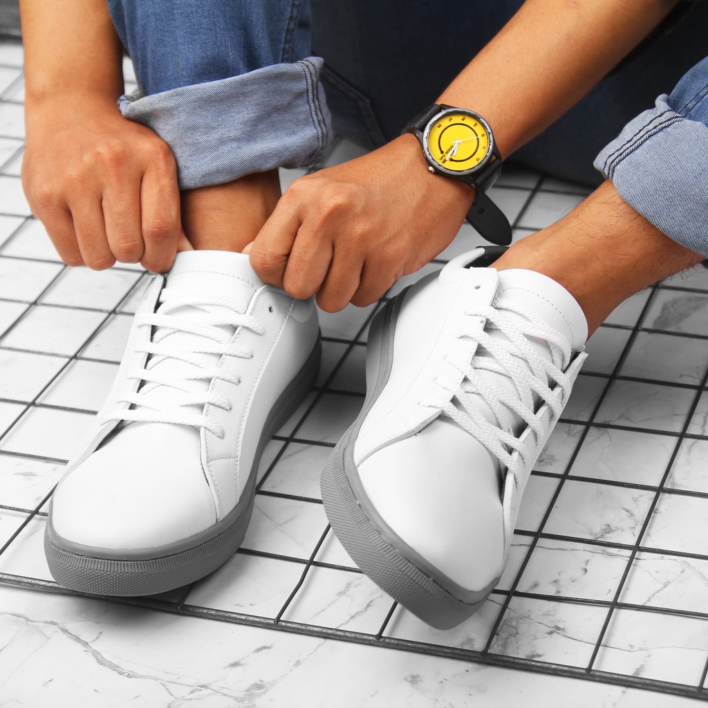 Sepatu Sneakers Pria Wanita Casual Kulit Putih Kasual Simpel Cowok Cewek Ori - Victor WhiteGrey