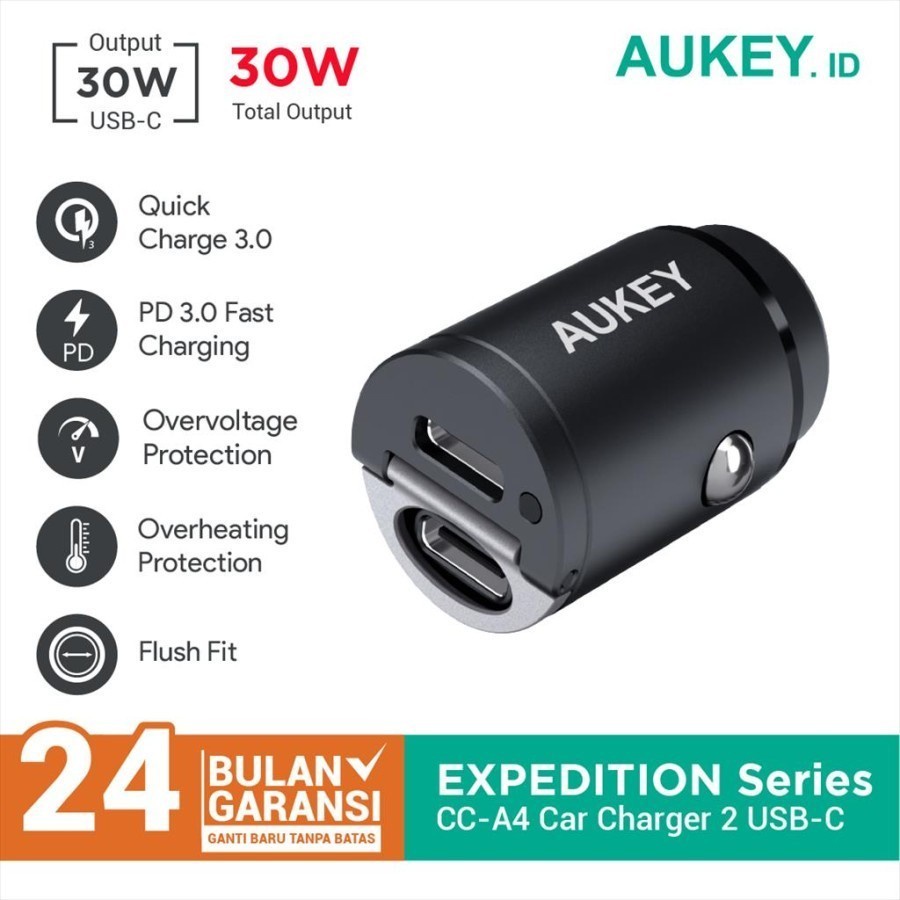 Car Charger Mobil CC-A4 / 30W Dual Port USB Type C PD QC 3.0 Aukey