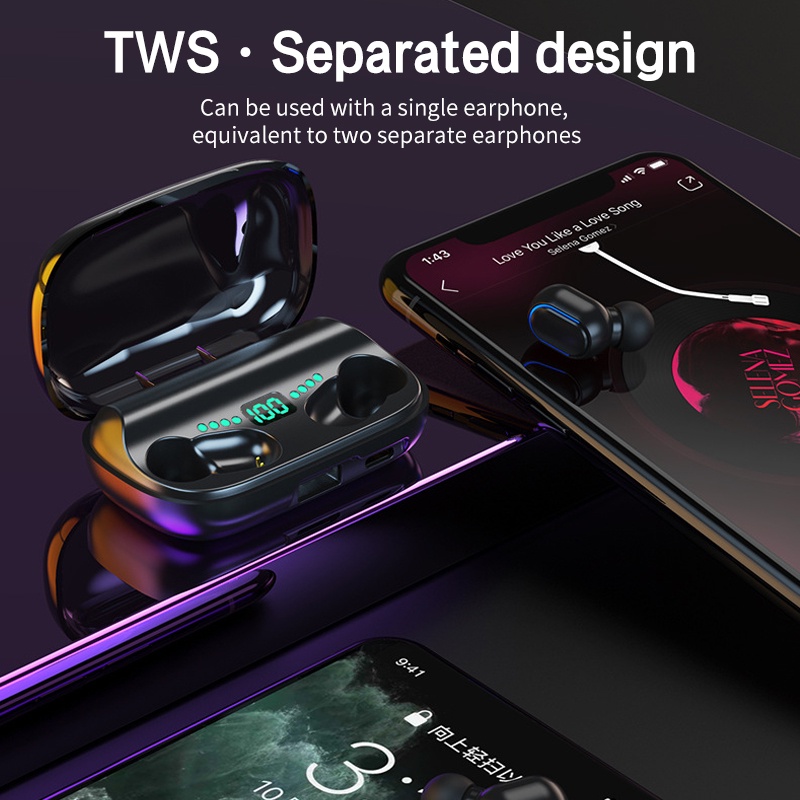 TWS Wireless Bluetooth Earphone Headphone 5.0 Sport Tak Terlihat Powerbank