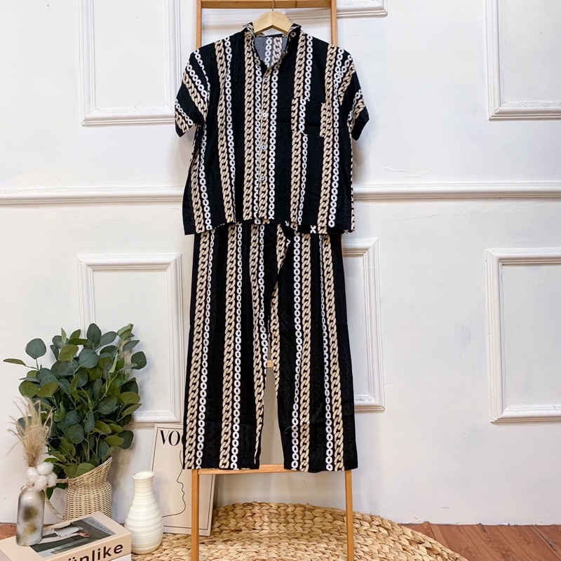 SETELAN LENGAN PENDEK PIYAMA BAJU TIDUR WANITA CEWEK BUSUI ONE SET RAYON MOTIF-KCPJ Chain Black