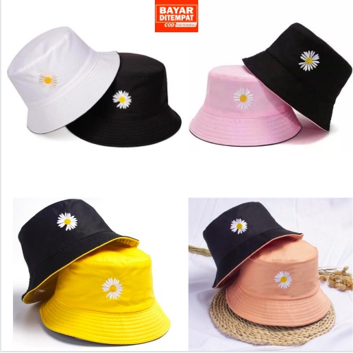 Bucket Hat Motif Bunga Daisy / Bucket Hat Bordir Daisy Korean Style Kualitas Premium Harga Termurah !!