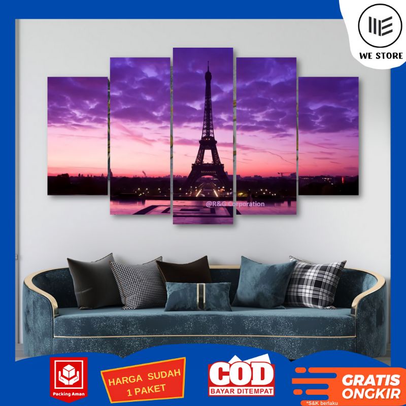 HIASAN DINDING 1 SET 5 PCS EIFEL / PEMANDANGAN DEKORASI RUMAH / PAJANGAN KAMAR / LUKISAN RUANG TAMU 