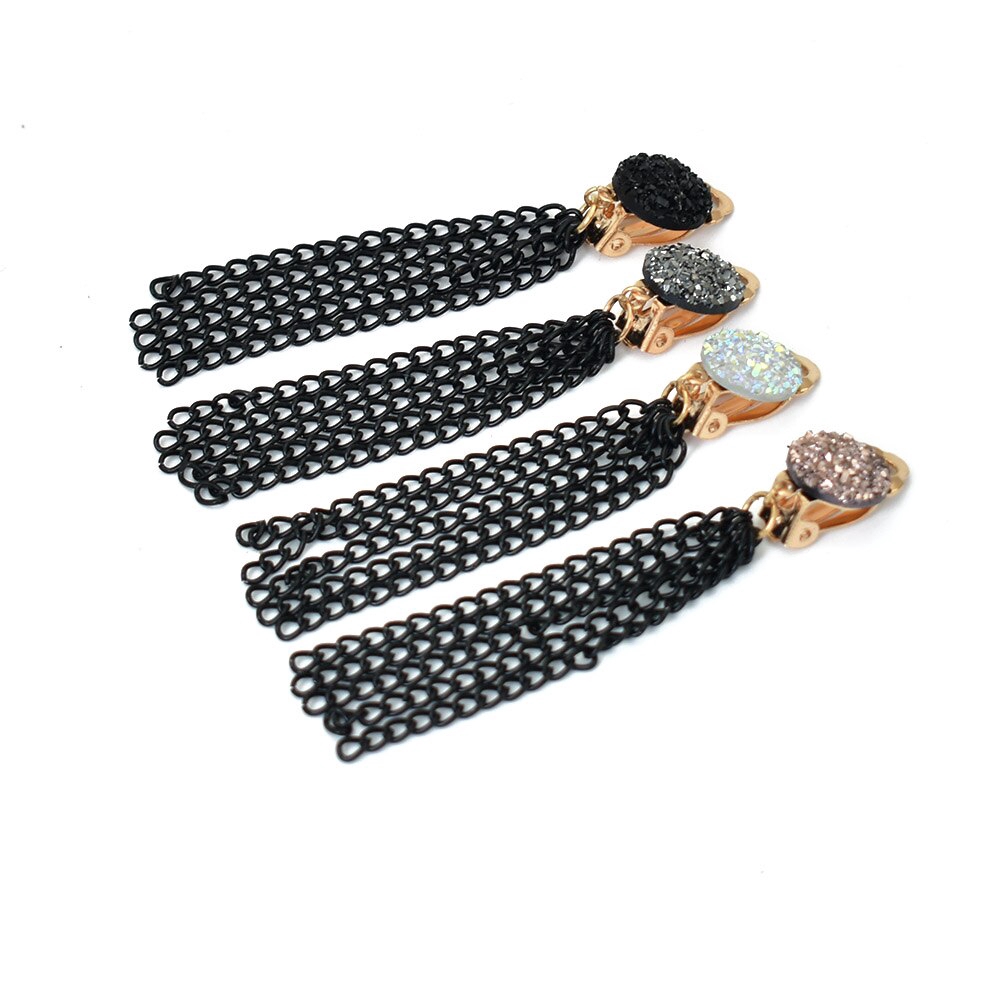 Anting Klip Tanpa Tindik Model Rumbai Panjang Warna Hitam Untuk Wanita