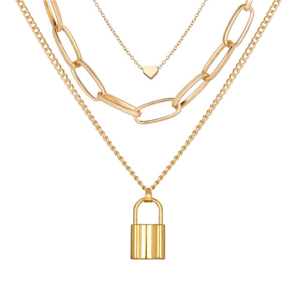 YEEZII Fashion Korea Retro Emas Kalung Kepribadian Sliver Pendant Lock Multilayer Rantai Perhiasan Aksesoris Hadiah