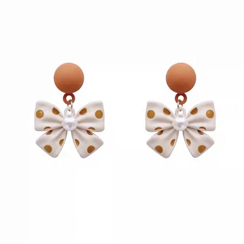 Anting Bentuk Pita Motif Polkadot Aksen Mutiara Untuk Wanita