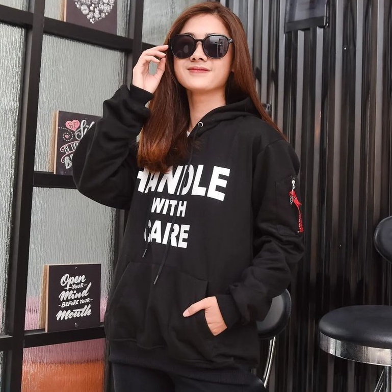 Hoodie Unisex Terbaru Handle With Care Bahan Pleece Korea Style