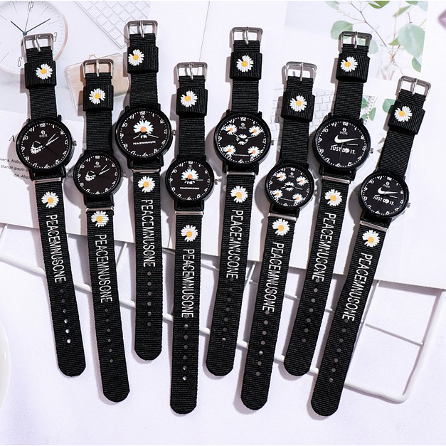jam tangan Wanita Quartz Analog GD same paragraph Small Daisy Motif Kanvas Untuk Women Watch Set-4