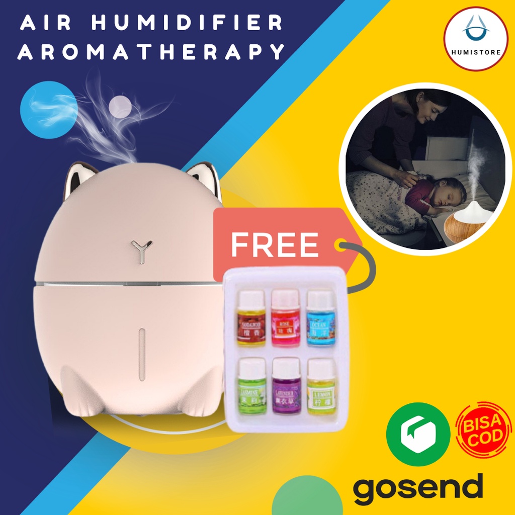 Air Humidifier Aromatherapy Desain Kayu 130ml-Cat Pink + Oil