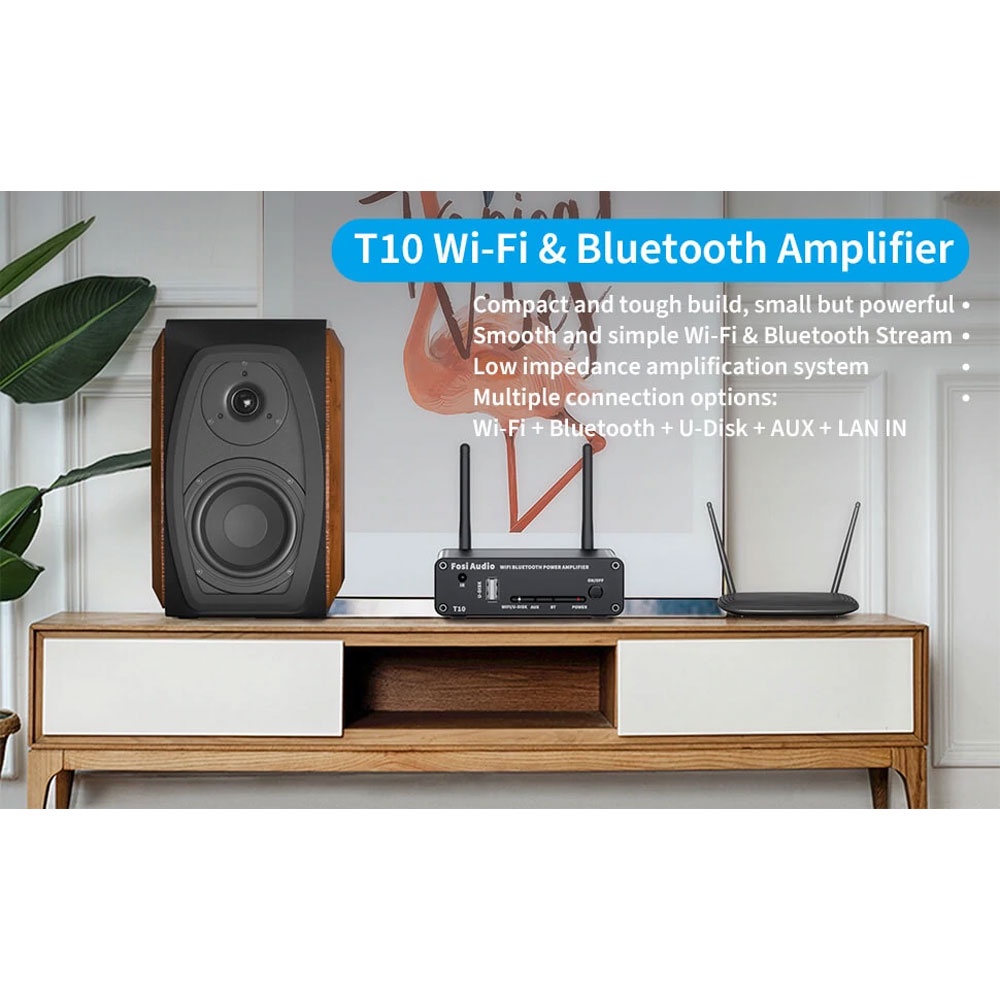 Fosi Audio WiFi &amp; Bluetooth 5.0 Amplifier 2 CH Digital Audio Speaker with Remote - T10 - Black