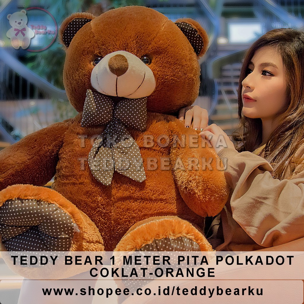 Boneka Teddy Bear Jumbo 1 Meter Pita Polkadot COKLAT ORANGE