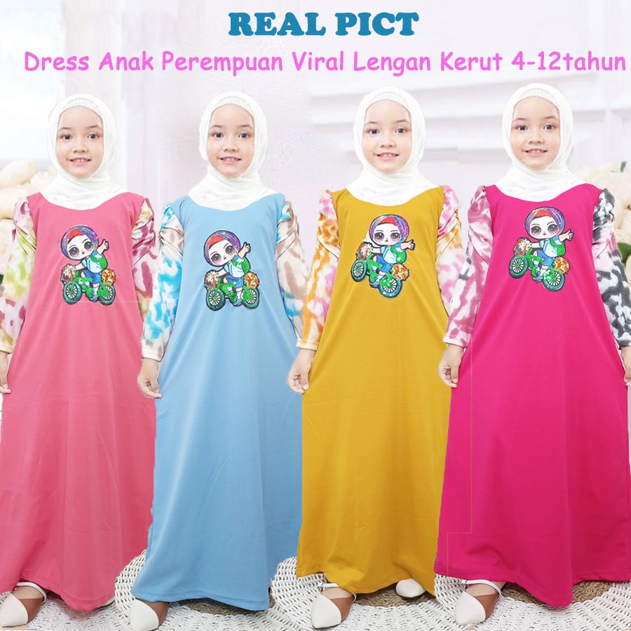 DRESS ANAK PEREMPUAN 4-12tahun CANTIK VIRAL TIEDYE LENGAN KERUT CARLINA