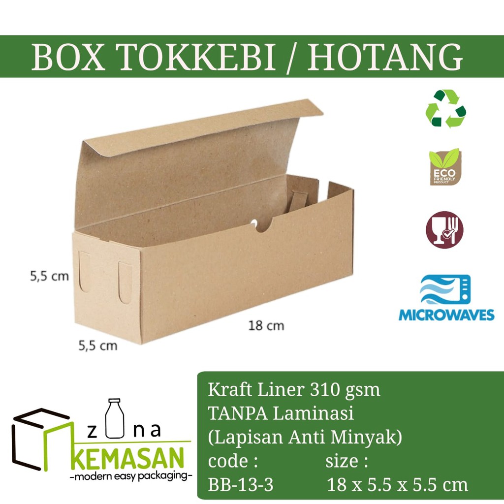 

KEMASAN BOX DUS KARDUS KOTAK TOKKEBI HOTDOG HOTANG SATE TAICHAN 18x5,5x5,5 cm KRAFT 310 gsm