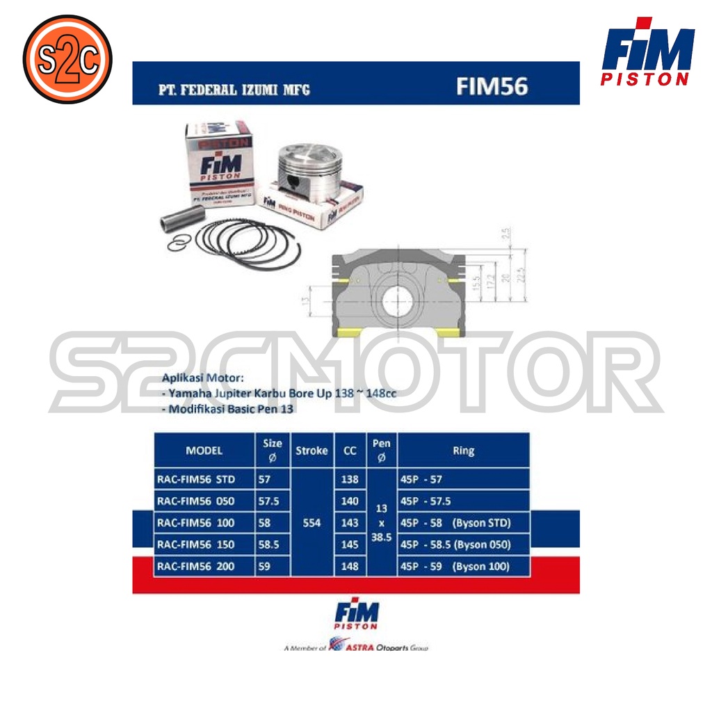 PISTON KIT JUPITER Z BORE UP FIM56 FIM 56 PIN 13-2