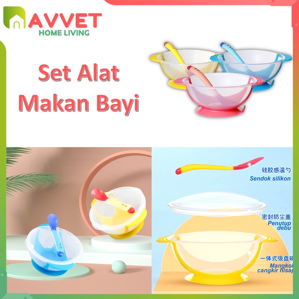 AVVET Mangkok Set Bayi Anti Tumpah Sensor Panas Tempat Makan Bayi Silicon Mangkok Anti Slip Alat Makan Bayi FREE Sendok Murah Import