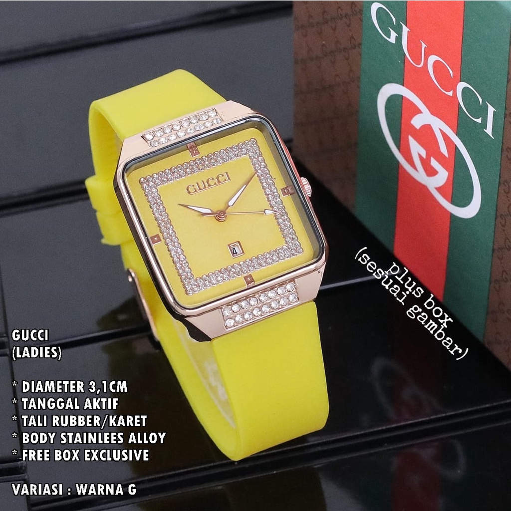 (FREE BOX) JAM TANGAN WANITA FASHION TALI RUBBER BODY SEGI DIAMOND TANGGAL AKTIF