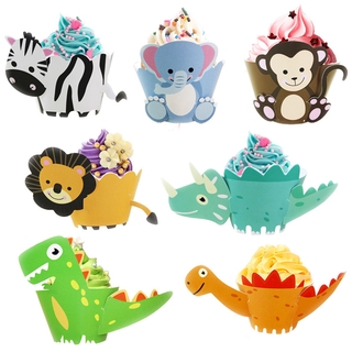 12pcs/set Wrapper Cupcake Motif Hewan Dinosaurus Safari Hutan Untuk Dekorasi Ulang Tahun Anak #1