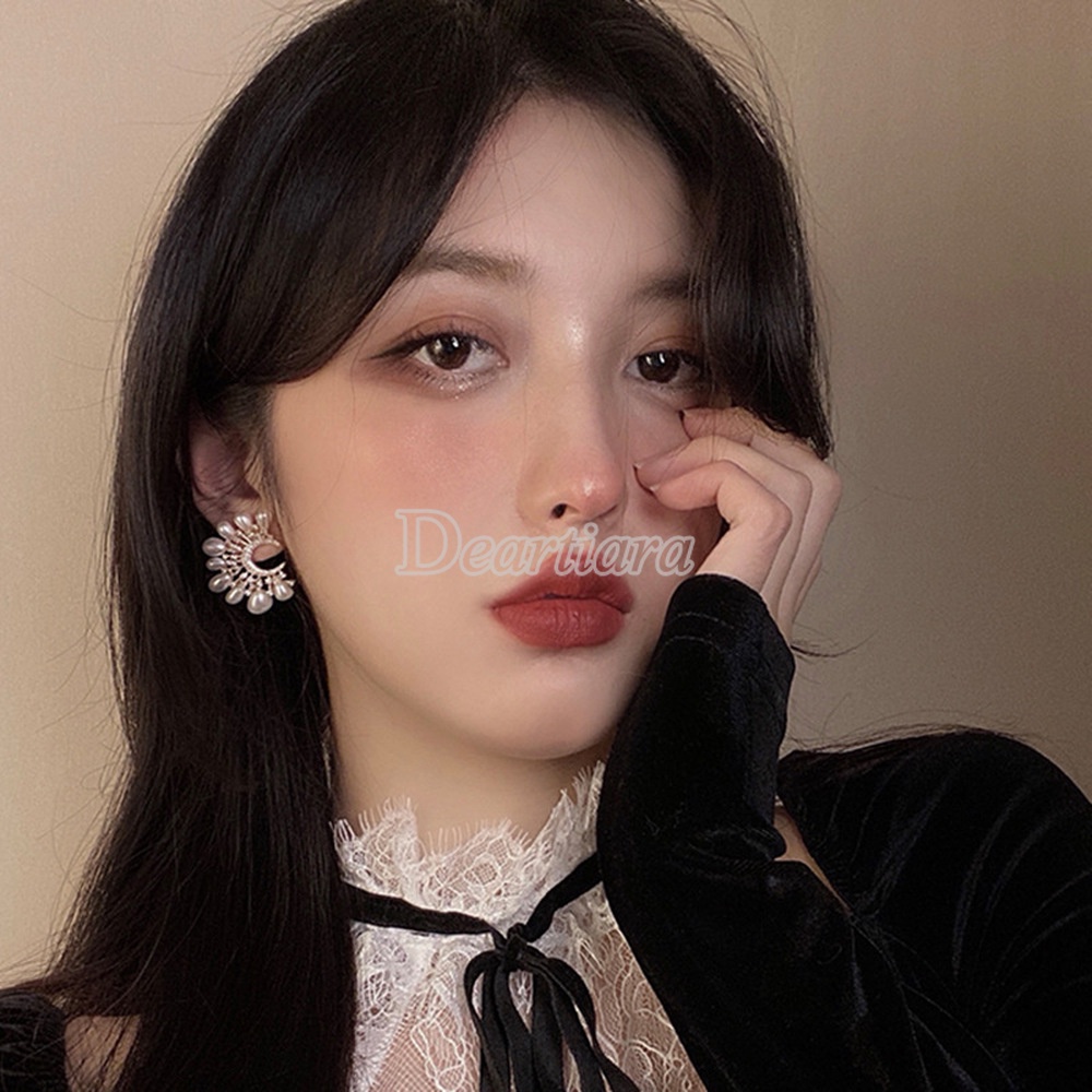 Anting Bentuk C Ganda Aksen Mutiara Gaya Retro