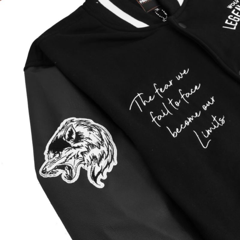 jaket varsity woly varsity leather legendary black