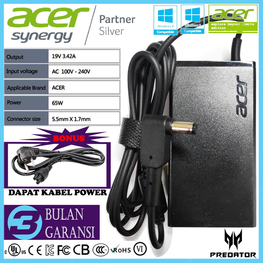 Adaptor Charger Casan ORI Laptop Acer 19V 3.42A 65W E14 E5-475 E5-475G E5-476 E5-476G E5-491 E5-491G E5-421 E5-432 E5-471 E5-575 A11-065N1A 5.5*1.7mm