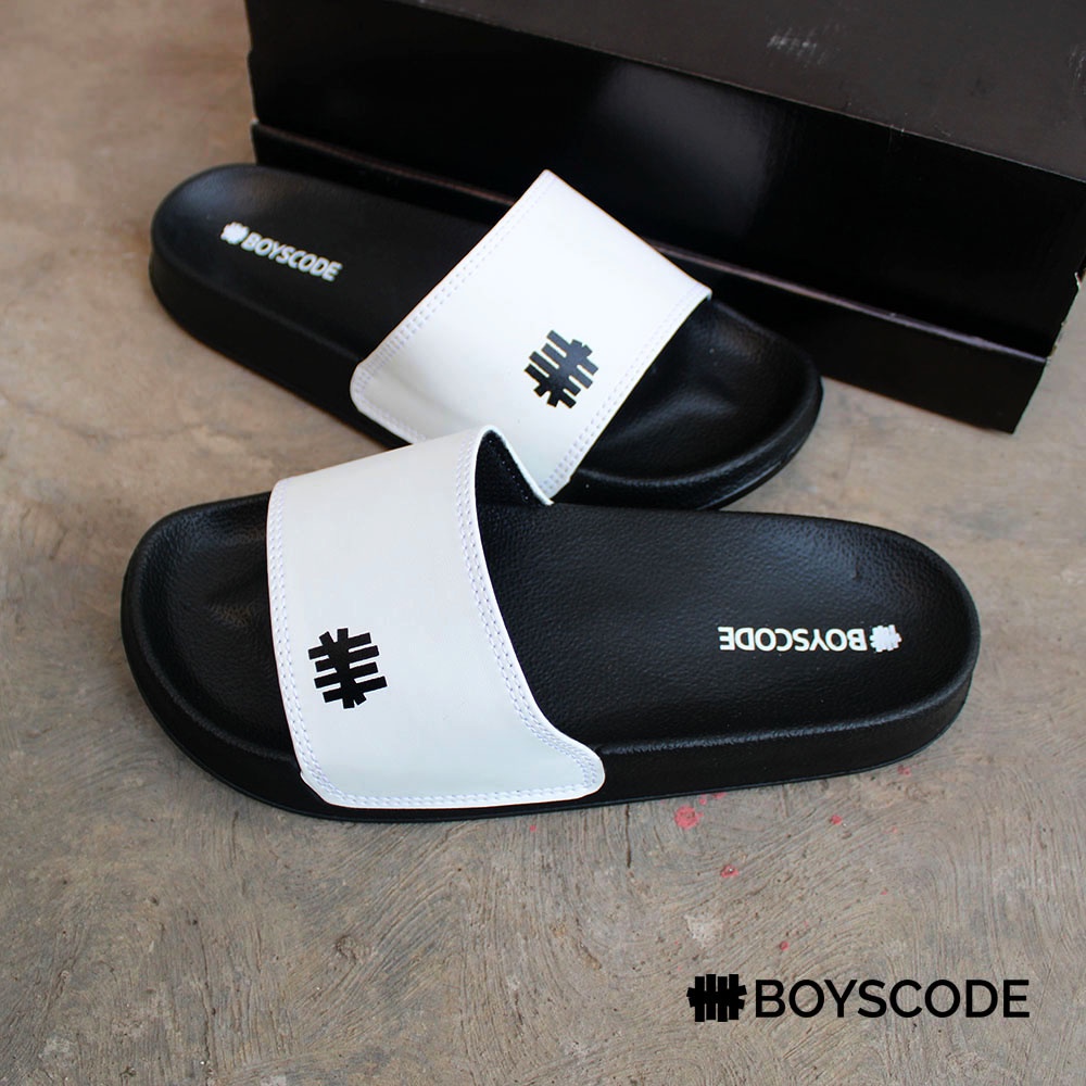 Sandal Slop Pria Distro Boyscode Logo Petir Kecil Original Fullblack Sendal Selop Slip On Pria