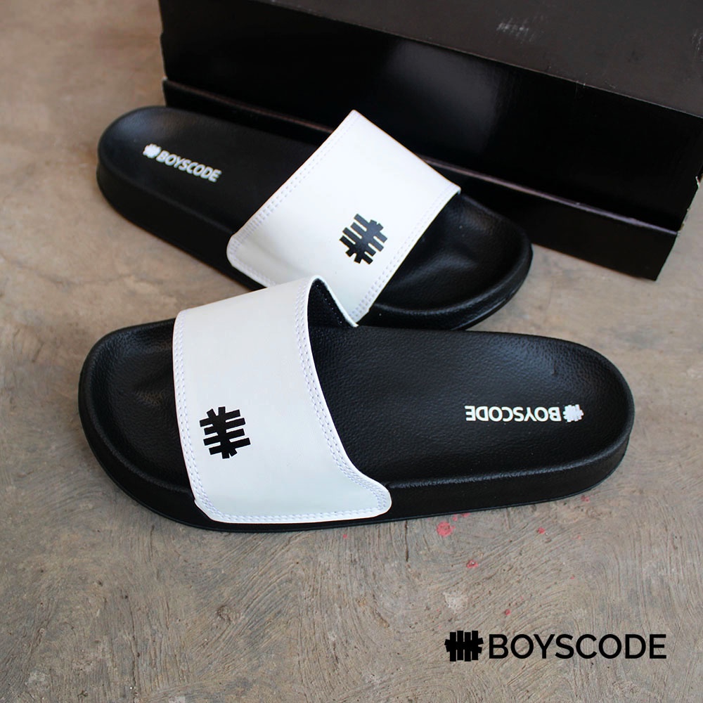 Sendal Slide Pria Distro Boyscode Logo Petir Kecil Original Hitam Putih / Sendal Selop Slip On Pria