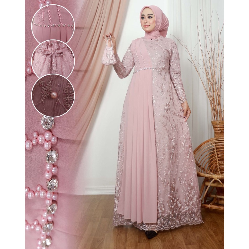 Permata Olshop /Gamis Devana / Gamis Pesta Mewah Modern / Kebaya Gamis Tulle Mix Ceruty Baby Doll / Dress Kondangan / Kebaya Bridesmaid / Gamis Pesta