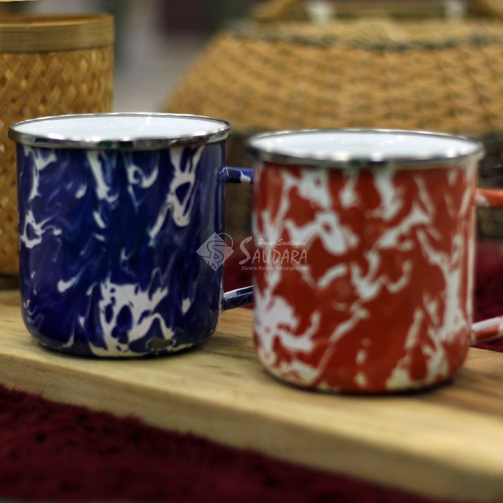 Gelas Cangkir Mug Enamel 9cm Biru Blirik Marble Loreng / Mug Doreng Cangkir Motif Jadul Blirik Orang