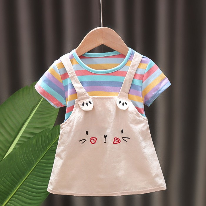 RAINBOY Setelan baju dress Kaos dan rok anak bayi lucu karakter imut - Rainbow, M