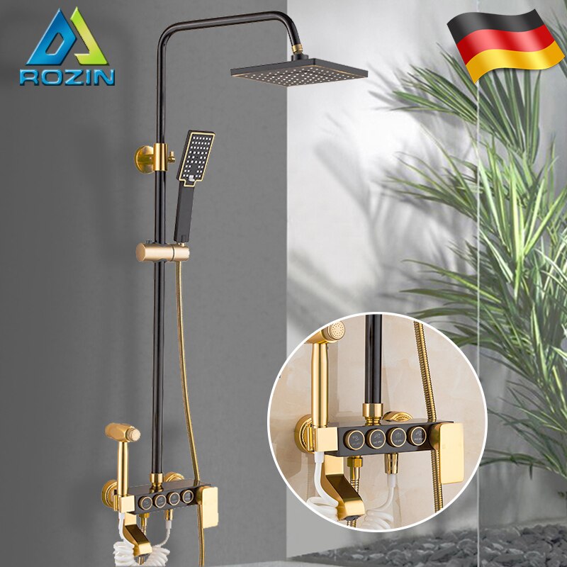 Shower Kamar Mandi Rozin Black Gold Faucet Set Space Aluminum Rainfall Bathroom Shower Faucets with