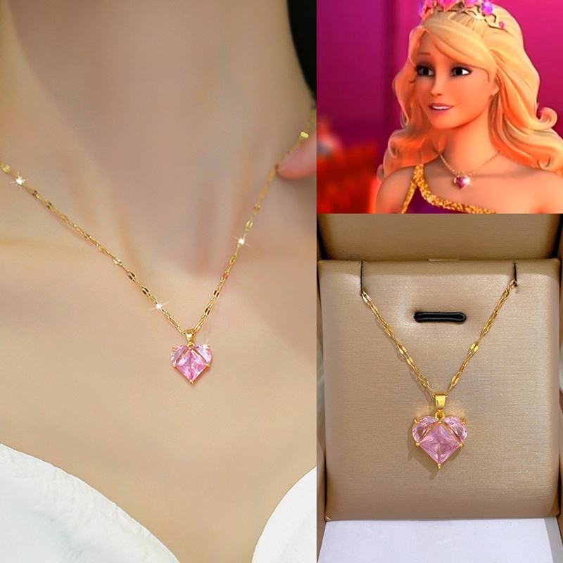 Kalung Rantai Emas 18K Dengan Liontin Hati Hias Kubik Zirkon Pink Hypoallergenic Untuk Wanita