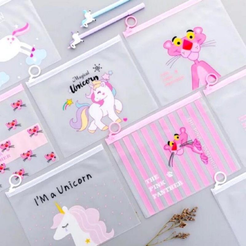 ZIPPER BAG TRANSPARAN PINK PANTHER/TEMPAT PENSIL POUCH FOLDER A5