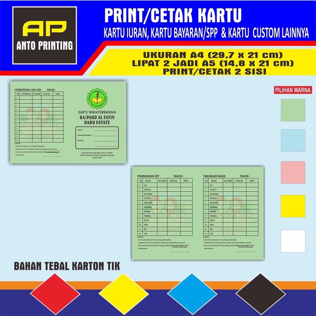 

KARTU IURAN, BAYARAN, SPP, DLL UKURAN A4/F4