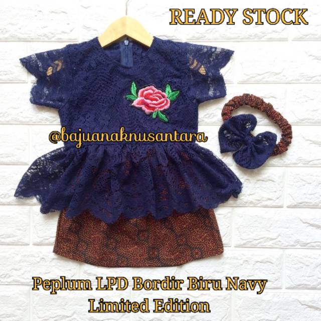 READY STOCK KEBAYA ANAK DAN KEBAYA BAYI PEPLUM BORDIR LENGAN PENDEK WARNA NAVY