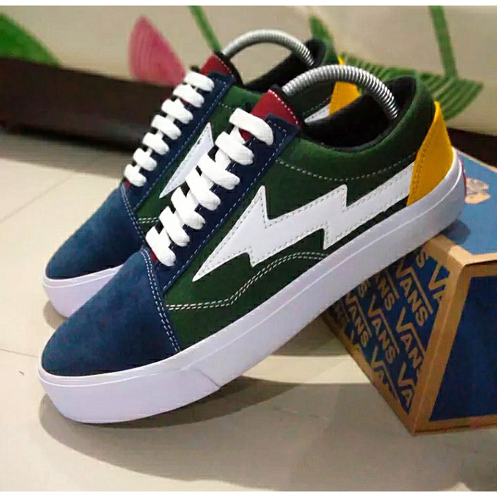 SPESIAL EDITION SEPATU VANS REVENGE X STORM CUSTOM COLOR NAVY GREEN YELLOW LOGO FLASH/PETIR LEATHER CANVAS ORIGINAL