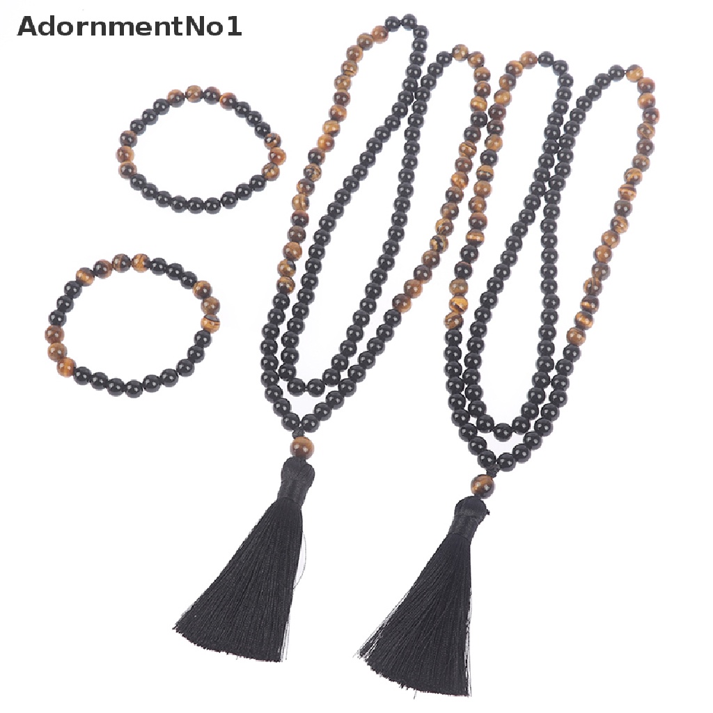 [AdornmentNo1] Natural Black Onyx &amp; Wood Beaded Mala Buddha Tassel Necklace Rosary 8mm Beads [new]