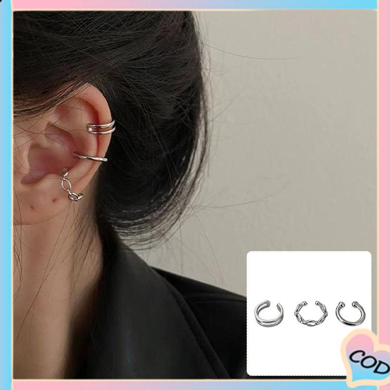 COD❤️ Anting Kombinasi Set Klip Telinga Tanpa Lubang Telinga Wanita Niche High-end Bahasa Perancis Retro Telinga Tulang Klip-A.one