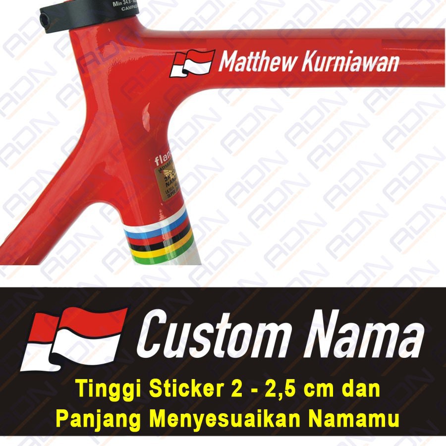 Custom Nama Cutting Sticker untuk Sepeda dengan Bendera Indonesia ADN