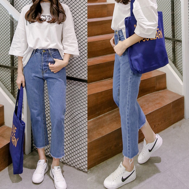 Celana Korea Style Celana Jeans Baru Pinggang Tinggi Celana Denim Longgar Celana Jeans  Wanita Celana Pelangsing Kaki Tampak Kurus