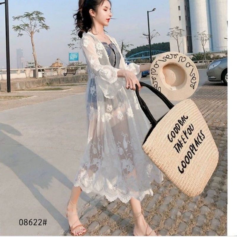 08622 Auter panjang transparan import wanita terbaru Auter panjang putih bordir import cewek pantai 