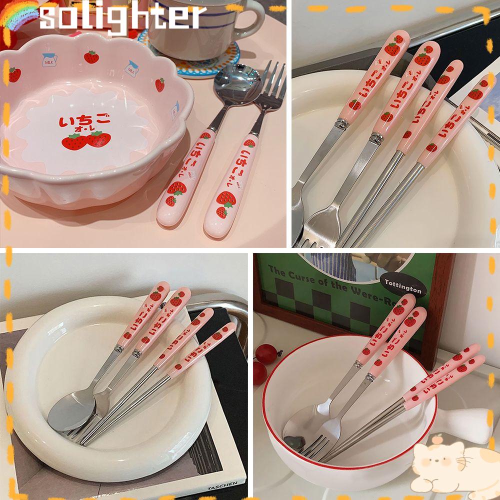 Solighter Set Peralatan Makan Desain Stroberi Lucu Bahan Stainless Steel